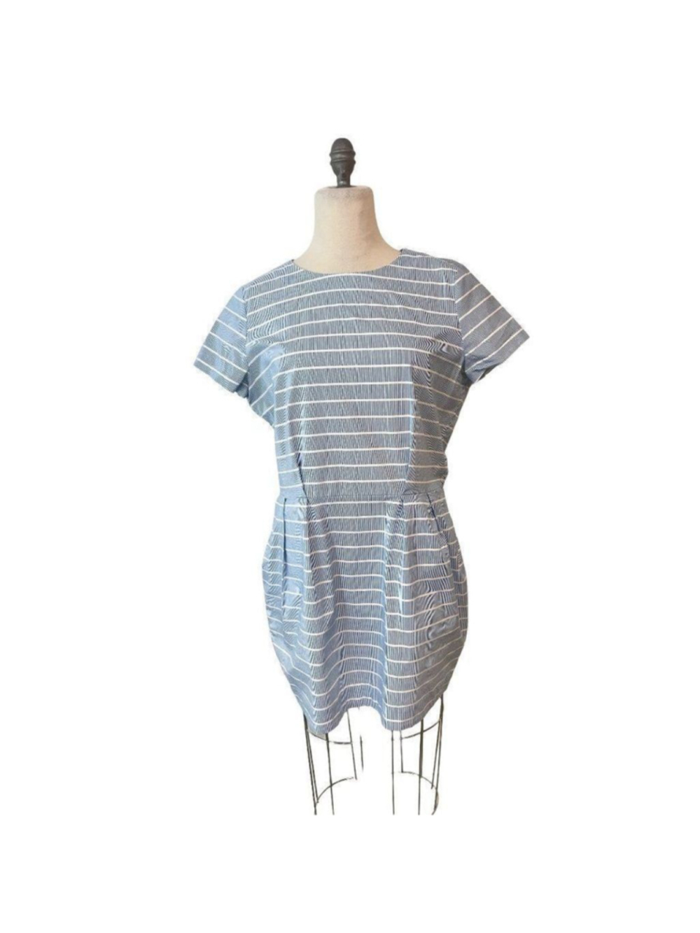 Kate Spade Blue White Cotton Blend Pleats and Pockets Dress Large